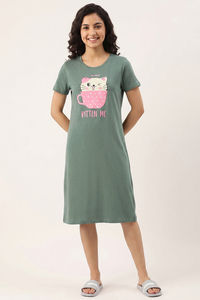 Zivame Farm Lore Knit Cotton Knee Length Nightdress - Iceberg Green — thumbnail 2